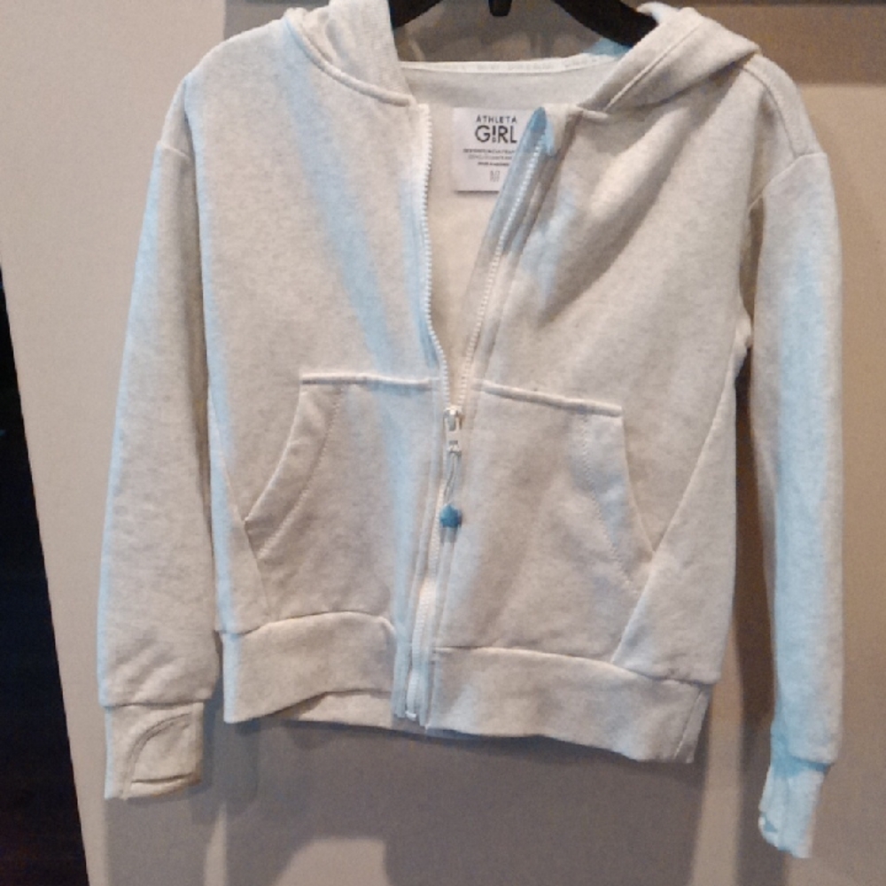 Athleta Cream Zip-Up Jacket with Hood and Ribbed Cuffs